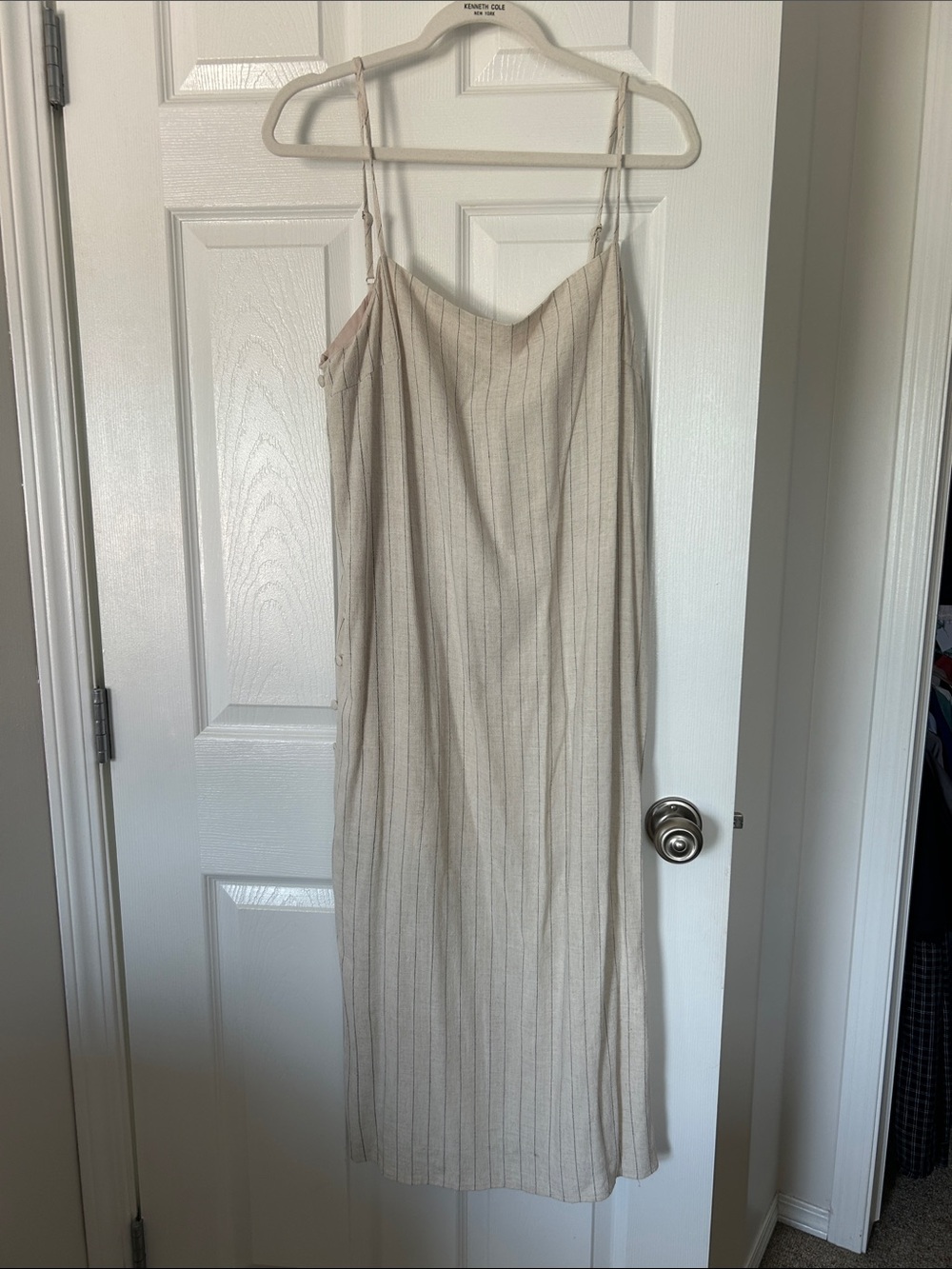 Light Beige Pinstripe Slip Dress with Spaghetti Straps